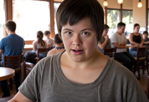 Young Caucasian woman in a cafe, social inclusion, World Down Syndrome Day, everyday life, diversity celebration, Down syndrome, chromosome 21 photo