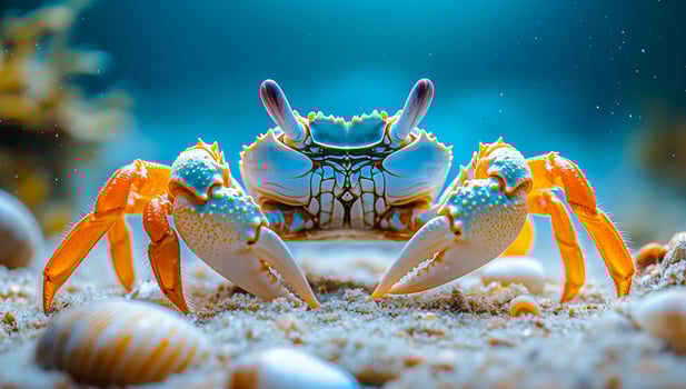 Crab discovering sandy ocean. A vibrant crab with orange claws moves among seashells on the sandy sea bed, surrounded by clear blue water. photo