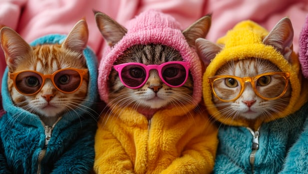 Colorful cats in hoodies. Three adorable cats wear bright hoodies and stylish glasses, sitting closely together on a soft pink blanket. photo