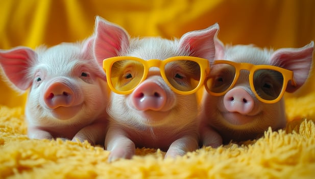 Cute baby pigs wearing stylish glasses. Three adorable baby pigs relax on a yellow blanket, showing off their colorful sunglasses in a playful atmosphere. photo