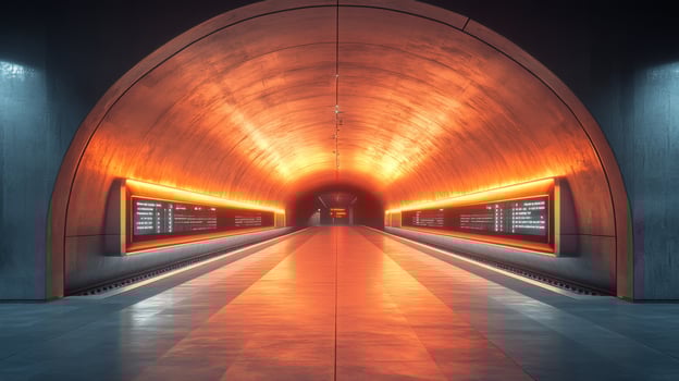 This subway station showcases a geometric tunnel illuminated by orange lighting, promoting a modern transit infrastructure for urban commuters. The design emphasizes mobility and automation. photo