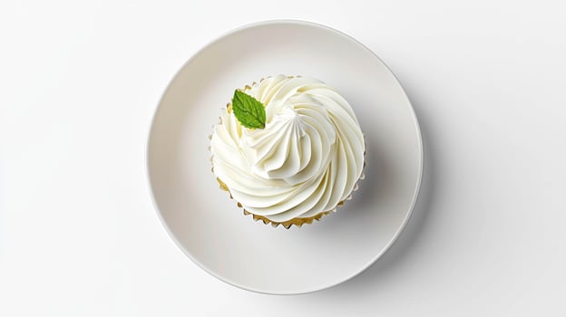 Delicious pistachio muffin on white plate with whipped topping for dessert or bakery menu design photo
