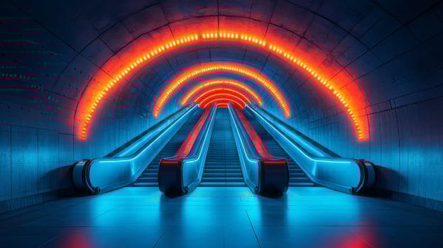 Brightly lit escalators ascend in a contemporary subway station, showcasing vibrant colors and enhancing commuter mobility during peak transit times in an urban environment. photo