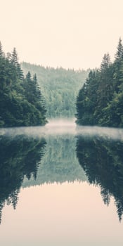Still lake reflects foggy forest surroundings photo
