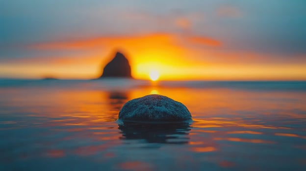 Serene Sunset Seascape Single Rock in Calm Ocean Water at Golden Hour photo