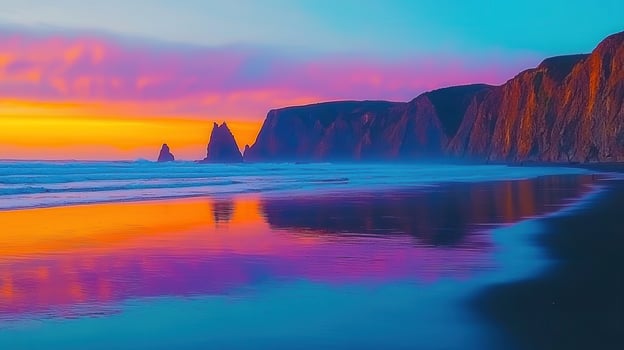 Vibrant Sunset over Ocean Cliffs Dramatic Coastal Landscape Seascape Beach Scene photo