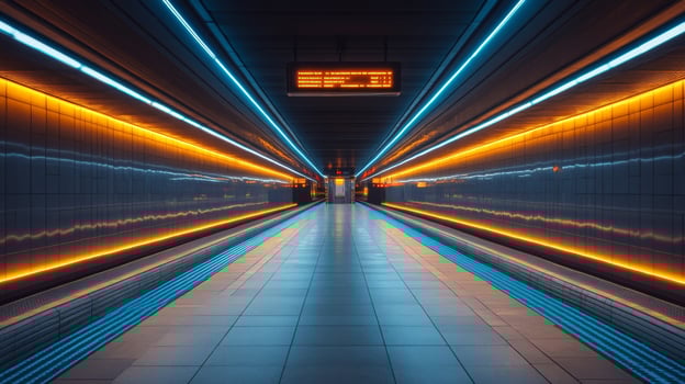 A subway platform features vibrant blue and orange lights illuminating the tiled walls and floor. The atmosphere reflects a modern transit hub designed for commuter convenience. photo