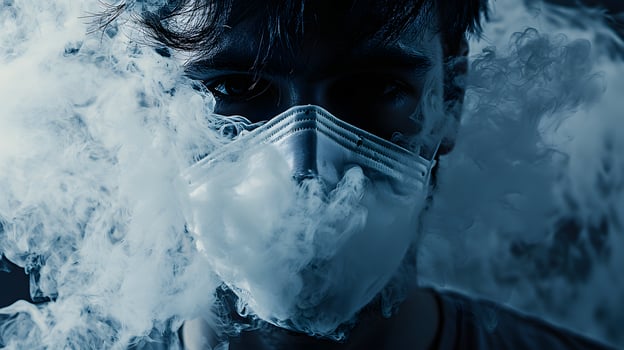 Mysterious Man in Mask Exhaling Vapor Dramatic Smoke Photography photo