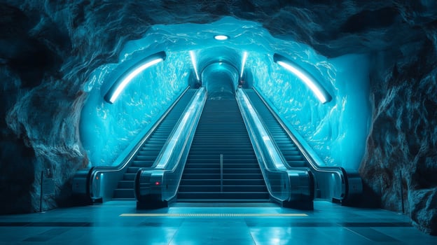 A stunning subway station features illuminated escalators surrounded by vibrant blue walls, creating an inviting atmosphere for commuters and travelers. photo