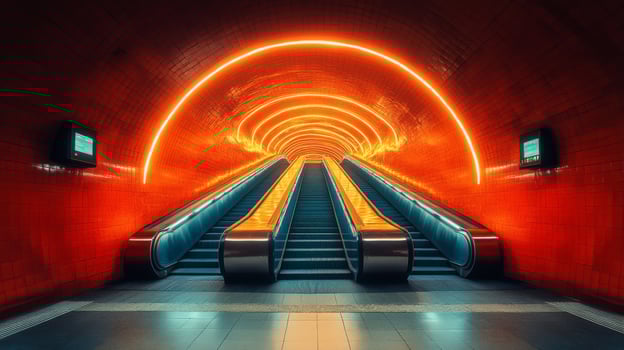 Commuters ascend the escalators of a colorful subway station illuminated by neon lights. The warm glow contrasts sharply with the sleek modern structure, evoking an energetic urban atmosphere. photo
