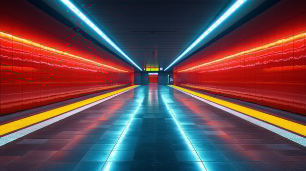 A brightly lit subway station features sleek, red walls and glowing lights, creating a stunning visual for commuters in an urban transportation hub. photo
