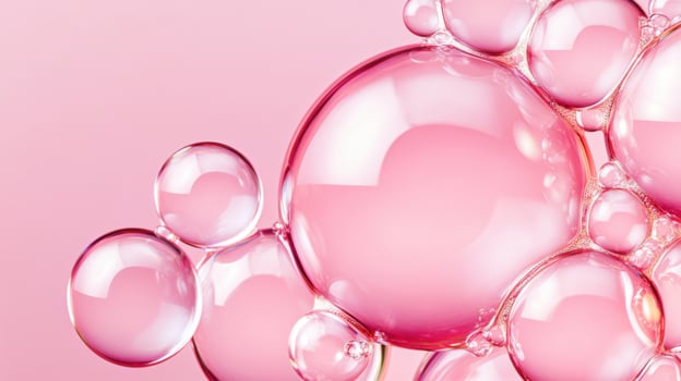 Red bubbles float in transparent liquid with soft blush lighting, creating an abstract texture that evokes beauty and scientific curiosity photo