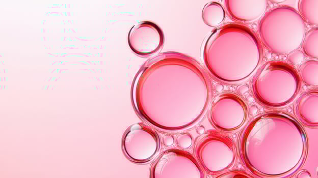 Red bubbles float in a transparent liquid illuminated by soft blush lighting, creating an abstract macro texture suitable for beauty or science themes photo