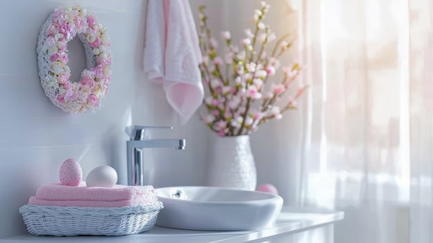 Bright white bathroom decorated with soft easter accents, featuring floral wreath and pastel colors. Copy space photo