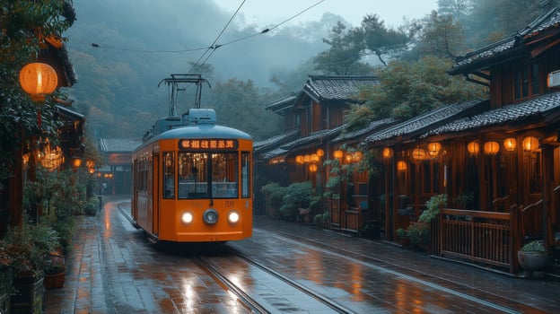 A bright orange tram moves along the tracks in a serene village nestled in the mountains, surrounded by traditional wooden houses adorned with glowing lanterns. photo