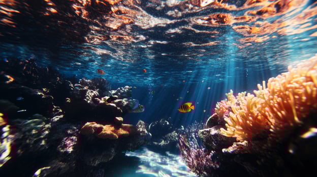 Underwater scene with sun rays shining through the water photo