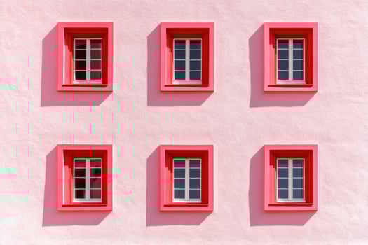 Contemporary blush wall featuring red window frames in minimalist architectural design showcasing color-block aesthetics photo