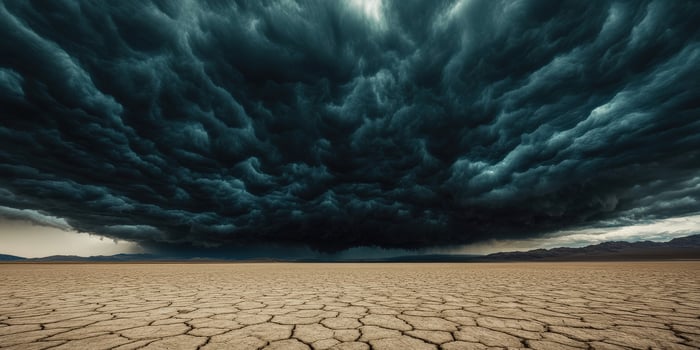 A storm clouds over a dry desert landscape photo