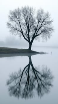 Tree reflected in foggy water photo