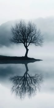 Lonely tree standing by misty lake at dawn photo
