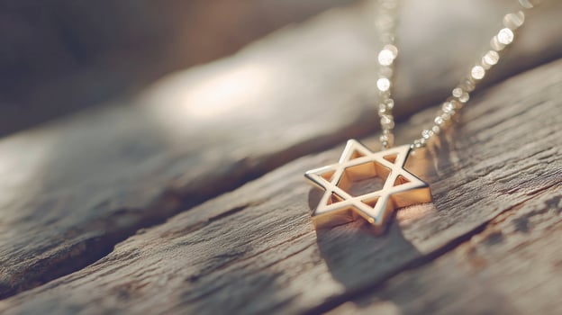 Close-Up of a Delicate Star of David Pendant on Wooden Surface. Concept of Spirituality, Jewish Heritage, Religious Symbolism. Purim. Copy space photo