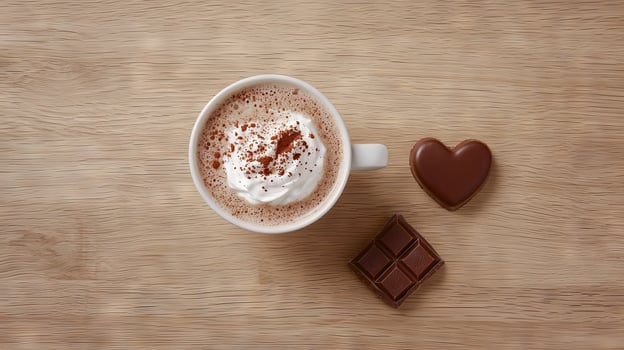 Delicious Hot Chocolate with Whipped Cream and Heart-Shaped Chocolate on Wooden Table. Concept of Cozy Refreshment, Sweet Indulgence, Warm Beverage, Dessert Treat.. Valentine's Day photo