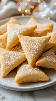 Close-Up of Traditional Triangle Pastries Dusting with Powdered Sugar. Concept of Freshly Baked Goods, Sweet Treats. Purim. Vertical photo