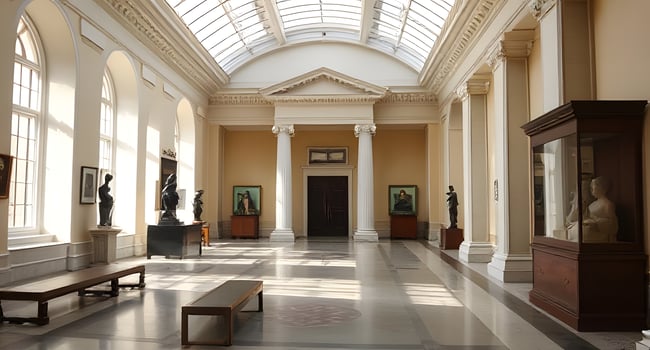 The interior of a museum with statues and benches photo