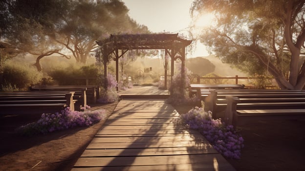Rustic outdoor wedding ceremony venue. Lush floral archway photo