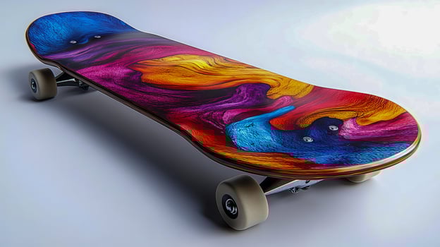 Skateboard with brightly colored painted deck with modern street art design, on a light colored background photo
