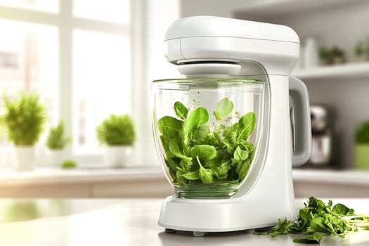 Modern food processor blending fresh spinach leaves in bright kitchen photo