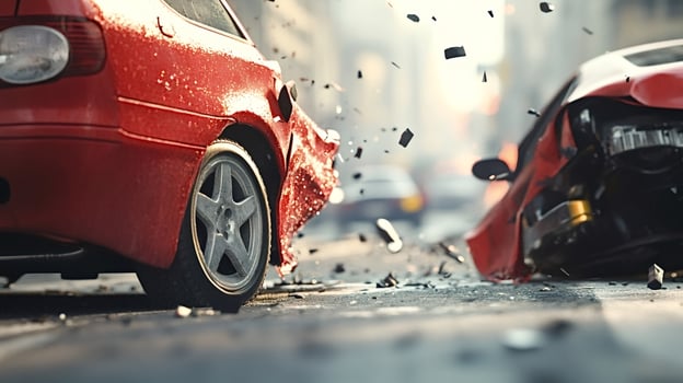 Two red cars crashing in a city street during the day photo