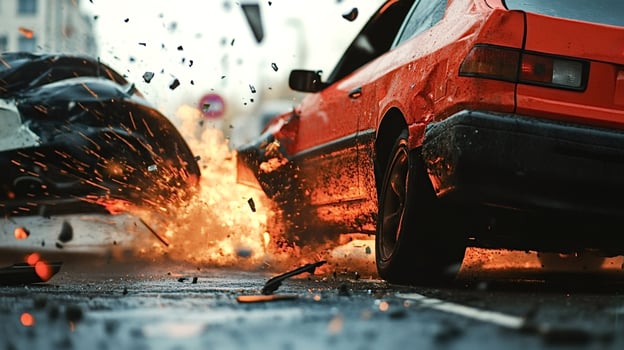 Two cars crashing and exploding on a city street photo