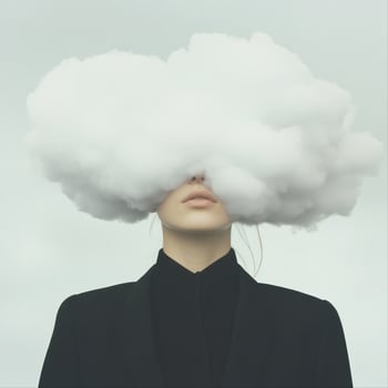 Businesswoman hiding her face behind a cloud representing surrealism and abstract concept photo