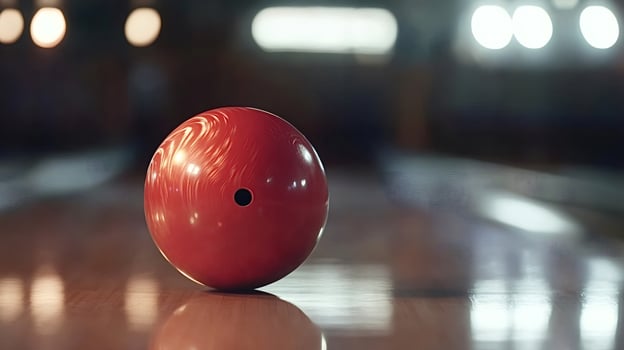 Red bowling ball lies on polished wooden alley in bowling club photo