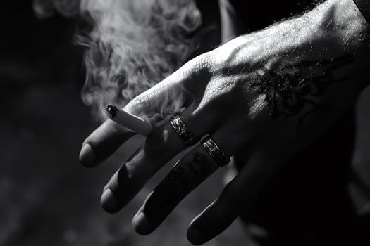 Tattooed hand holding a lit cigarette with smoke photo