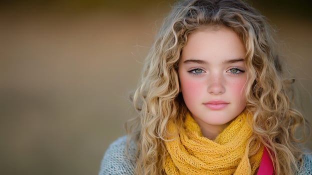 Beautiful Young Girl with Curly Blonde Hair Wearing a Yellow Scarf Portrait photo