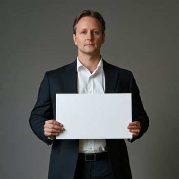 A man in a suit holding a white sign photo