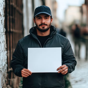 A man is holding a white sign and wearing a black jacket photo