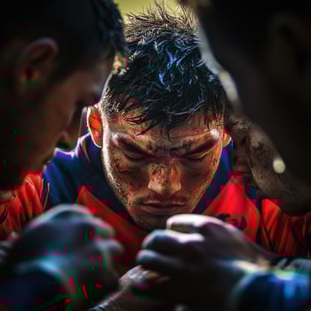 A man with a red shirt is surrounded by other men photo