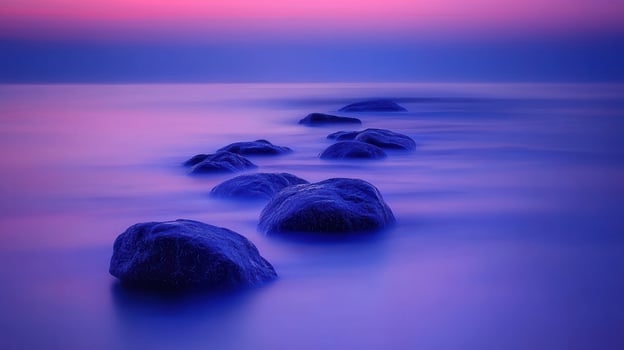 Serene Sunset Seascape Tranquil Rocks in Calm Ocean Waters at Twilight photo