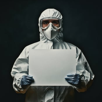 A man in a white suit holding a blank sign photo
