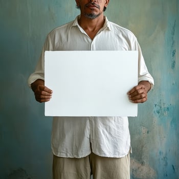A man is holding a white board with nothing written on it photo