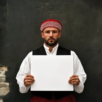 A man wearing a red hat and a white shirt holds a blank white sign photo