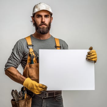A man in a construction outfit holding a white sign photo