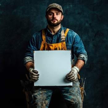 A man in a blue shirt and yellow apron holding a white sign photo