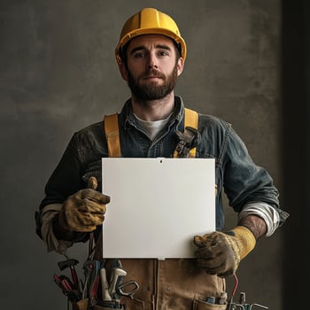 A man in a yellow hard hat is holding a white sign photo