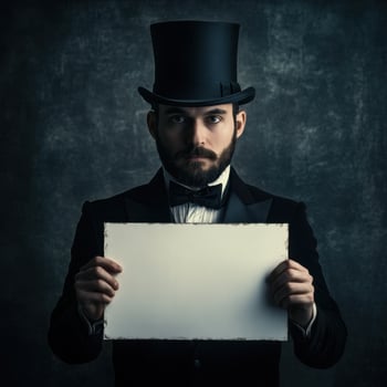 A man in a top hat and tuxedo holding a blank piece of paper photo
