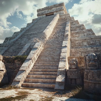 A large stone pyramid with a long staircase leading up to it photo