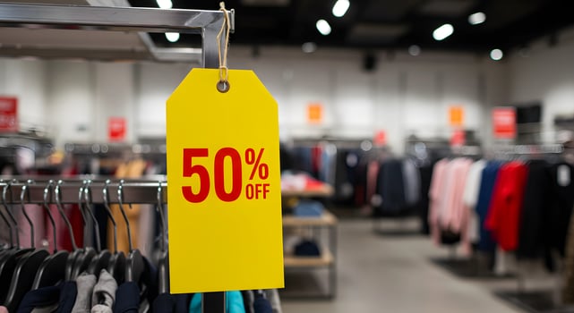 Discount, A bold discount tag hanging on a clothing rack, showing a 50 off promotion. photo